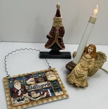 Assorted Christmas Decorations, Santa Wooden, Angel Light & Plaques Lot Of 3