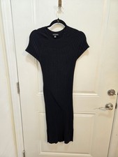 Saks Fifth Avenue Black Ribbed Knit Short Sleeve Midi Sweater Dress Size S