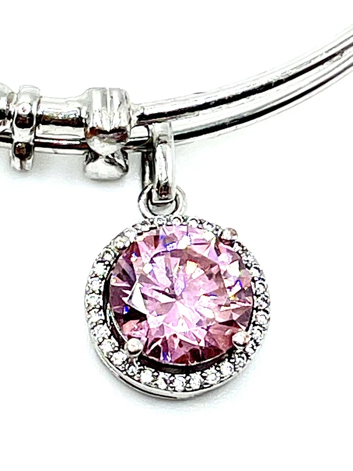 Angelica Silver Brass Dazzling Rose Pink Halo Dangle Charm Bangle Bracelet VTG - Image 3 of 4