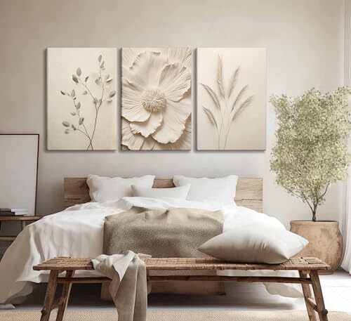 3Pcs Neutral Beige Floral Plant Canvas Wall art 12x16in-canvas Beige flowers - Picture 5 of 7