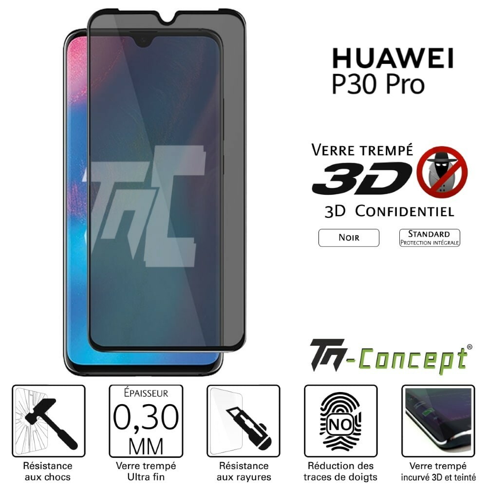 Verre trempé 3D incurvé teinté anti-espion Huawei P30 Pro TM Concept film protection écran noir