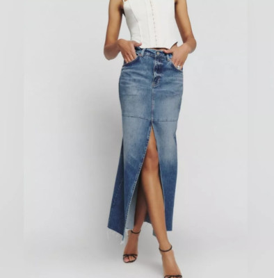 Reformation Tazz Denim Maxi Skirt Blue New in Hemlock Slit Size 28