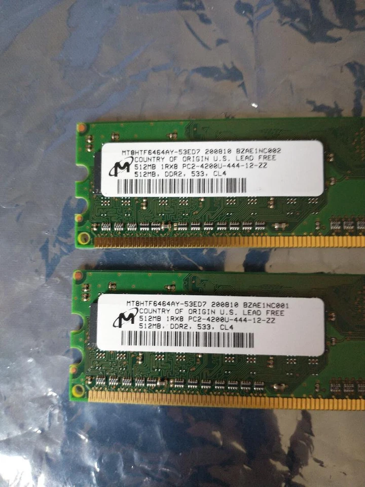 1GB 2x512MB Micron Memory 1RX8 PC2-4200U-444-12-ZZ, 533, CL4 Country of Orig US - Image 2 of 3