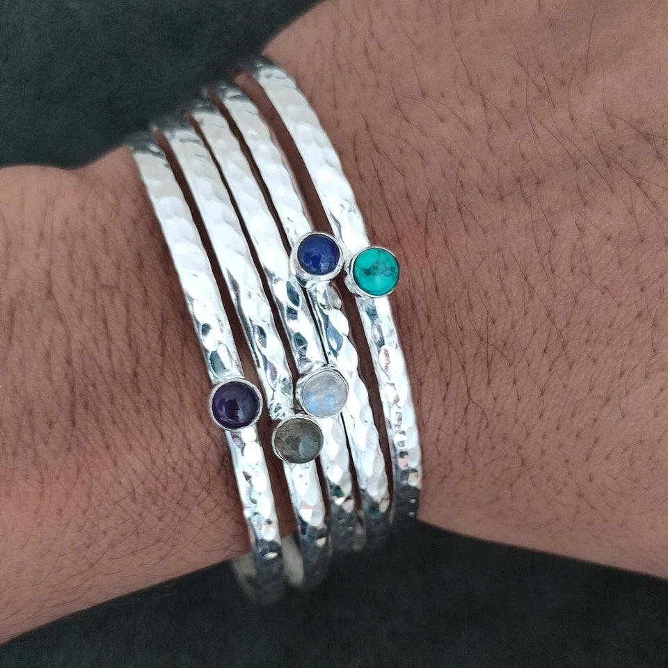 Five Gemstone Bangle 925 Sterling Silver Handmade Women Bracelet All Size SH160 - Image 4 of 4