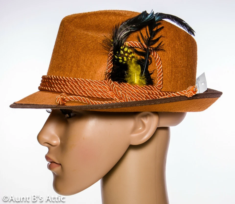 Oktoberfest Hat Alpine Tyrolean Brown Pressed Felt W/ Cord & Feathers - Image 2 of 2