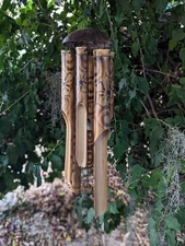 Half Coconut Bamboo  Wind Chimew/ Burned Design Tiki Bar Tropical - Eco Friendly