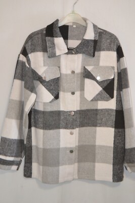 Womens grey black white checked thick fleece shirt style jacket size small bnwot