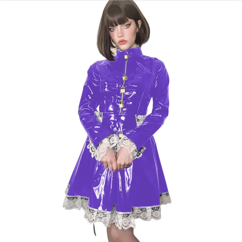 Mini Vestido Bloqueable Lolita Brillante PVC Cuero Plisado Línea A Sissy Maid Disfraces Foto 4 de 4