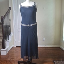 VTG 90s JKara Rhinestone Chiffon Drop Waist Midi Dress 14 Gatsby Formal Cocktail