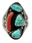 Vintage Navajo Sterling Silver Blue Turquoise & Coral Ring Size 10