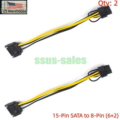 2PCS 15Pin SATA to PCIE 8Pin(6+2) GPU Power Cable PCI-E Card Power Cord 20cm