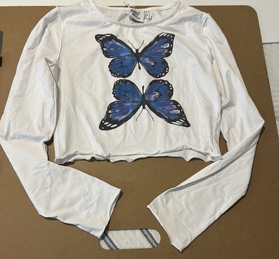 Princess Polly White Butterfly Print Cropped Long Sleeve US 12 Women's Top