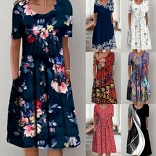 Ladies Summer Short Sleeve Midi Dress Holiday Loose Pocket Pleated Dresses 6-24