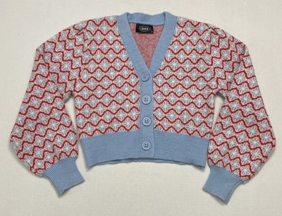 Cider Button Up Cropped Cardigan Sweater Womens M Blue Red Retro Soft