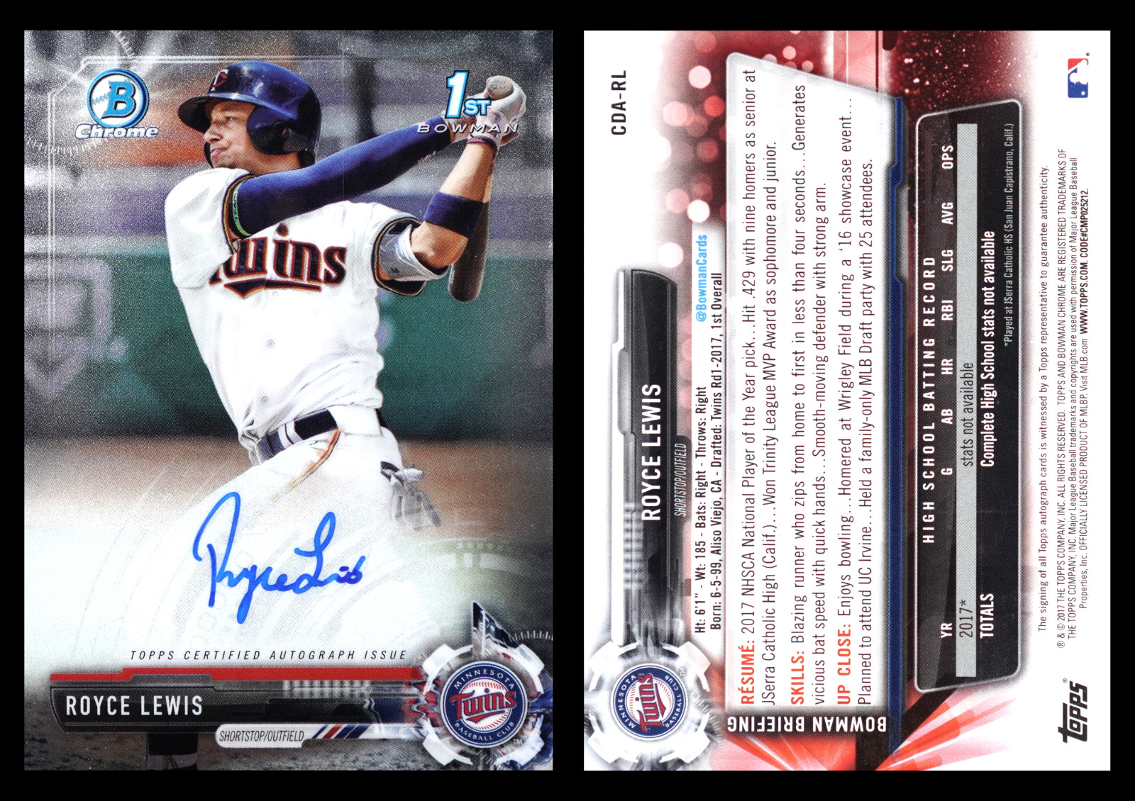 2017 Bowman Draft Royce Lewis 1st Bowman Chrome Auto CDA-RL RC