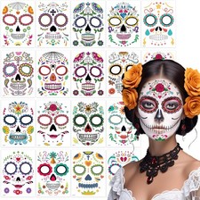 18 Pack Day of the Dead Face Tattoos Sugar Skull Catrina Makeup Kit