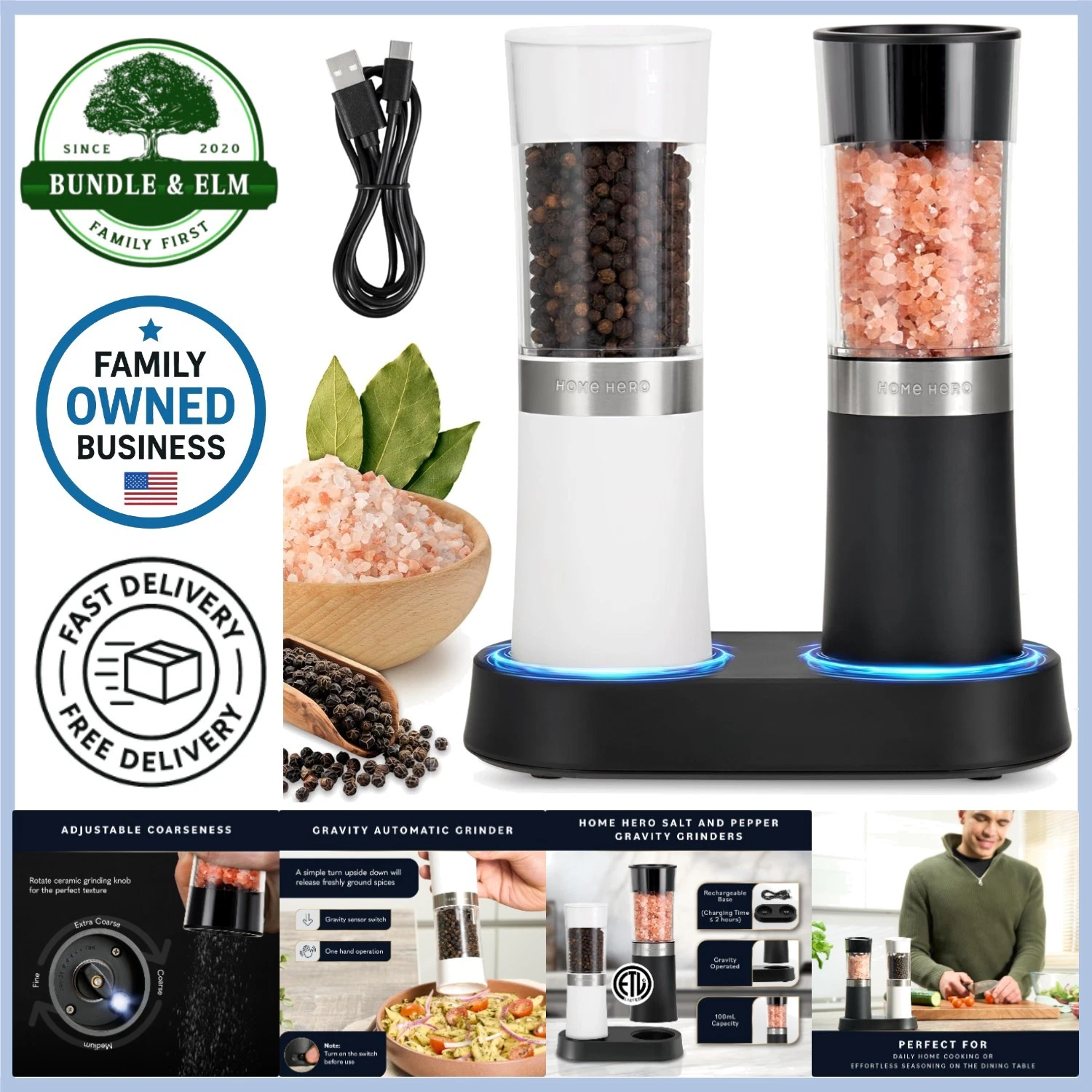 Electric Salt Pepper Grinder Set Stainless Steel USB Rechargeable LED Light