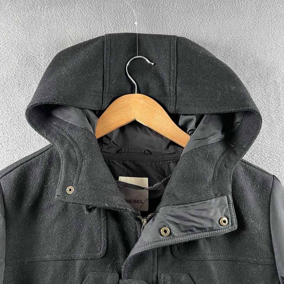 Chaqueta Diesel Para Mujer Mediana Negra Mezcla de Lana Con Capucha Cremallera Completa Abrigo Bombardero Y2K Foto 2 de 4