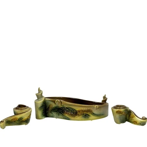 Hull Pottery Parchment & Pinecones Mid Century Console Bowl and Candleholders