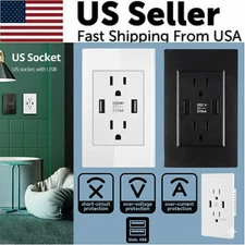 Dual Wall Outlet with USB Ports Charger AC Power Receptacle Plate Panel 15A 120V