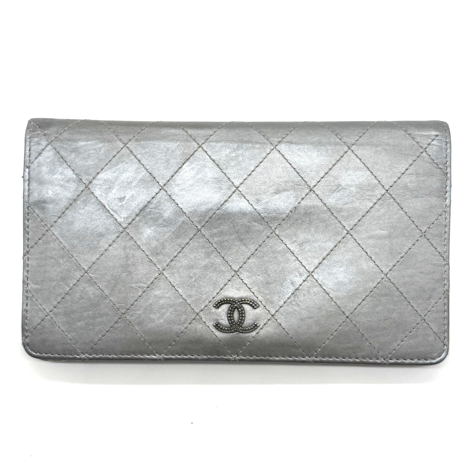 CHANEL Bicolore Coco Mark Long Wallet Purse Leather Silver Authentic