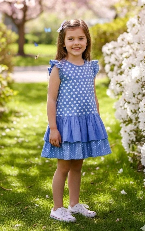 Vestido azul vintage de franela de jengibre azul para niñas pequeñas con corazones talla 5T algodón Foto 2 de 4