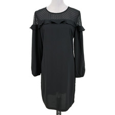 Loft Dress Womens 12 Black Sheer Swiss Dot Shoulders Stretch Torso Zip Lined New