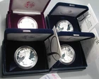 4 PROOF Silver American Eagles. Box/COA 2005-W, 1991-P (no COA), 2003-W, 2019-W