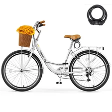 NAIZEA White Bike 26 inch 7 Speed Bike for Adults Beach Cruiser Bike With Lock