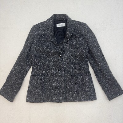 Max Mara Virgin Wool Blend Button Blazer Jacket Gray Tweed Pockets Size US 8