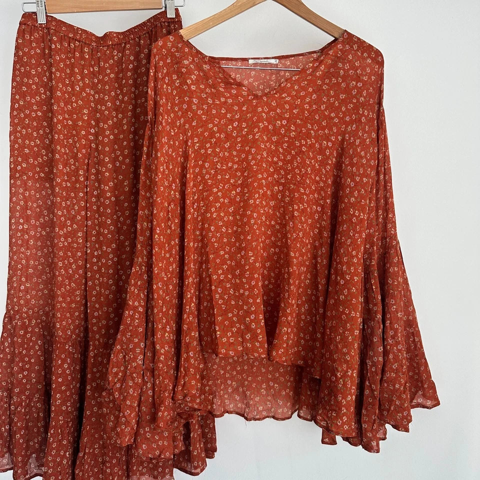Mes Demoiselles Matching Set 38 40 Rustic Silk Boho Flowy Blouse Wide Leg Pants Foto 4 de 4