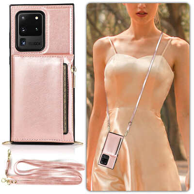 Crossbody zipper Bag Card Wallet With Long Rope Holder Flip Leather Case Cover 