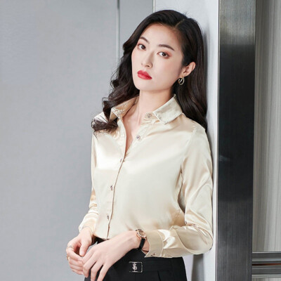Damen Frauen Uni Satin Hemd Bluse Seidig Langarm Button Down Büro Top