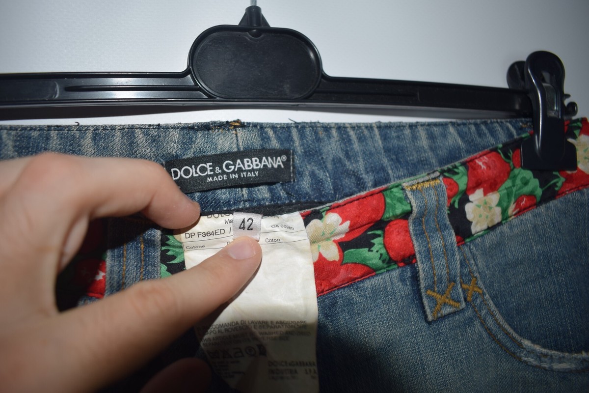 Dolce Gabbana Womens Tapered Distressed Blue Denim Strawberry  