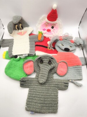 5 Dakin Hand Puppets Poodle Bugs Bunny Elephant Santa Frog Crocheted-Vintage