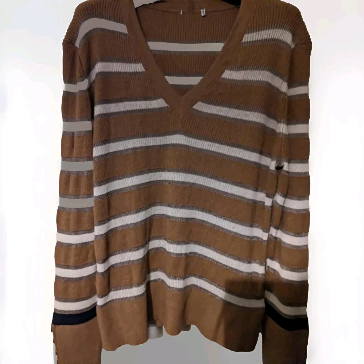 Marks & Spencer Cream Striped V-Neck Jumper - Ribbed Knit, Long Balloon Sleeves (NWOT)