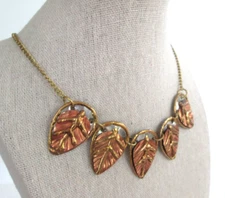 Anju Copper Brass Tri-Tone Hammered Leaf Collar Necklace 18"