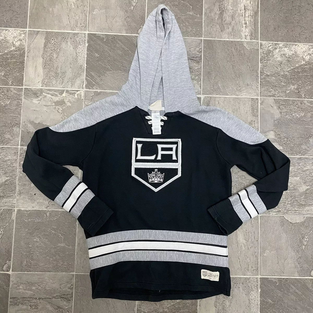 Boy’s NHL LA Kings Big Logo Lace Up Jersey Hoodie Sweatshirt sz L Black Gray