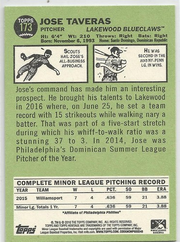 José Taveras Philadelphia Phillies 2016 Topps Heritage Liga Menor - Imagen 2 de 2