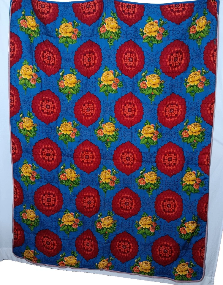 Saco de Dormir Vintage Azul Rojo Amarillo Floral Usado Rojo Forro Cremallera LEER Defectos 28x68 Foto 2 de 4