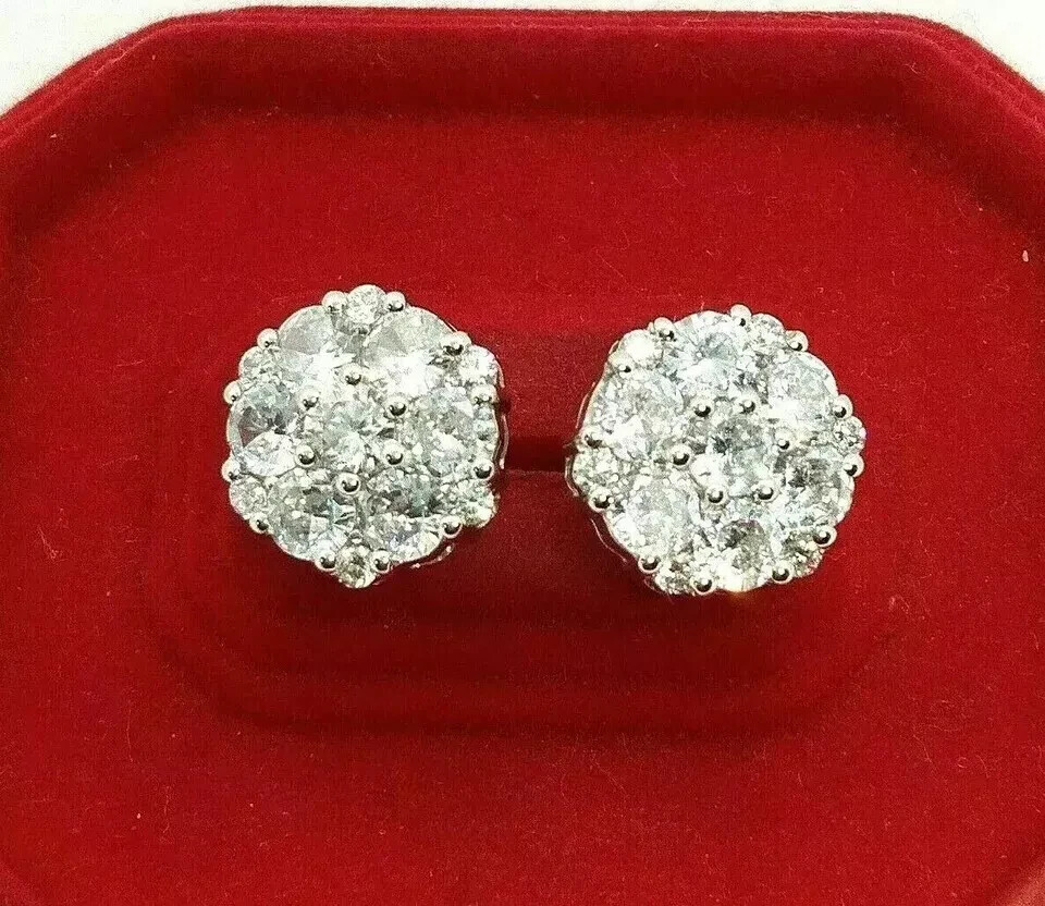 4CT Round Moissanite Flower Cluster Stud Earrings in 14K White Gold
