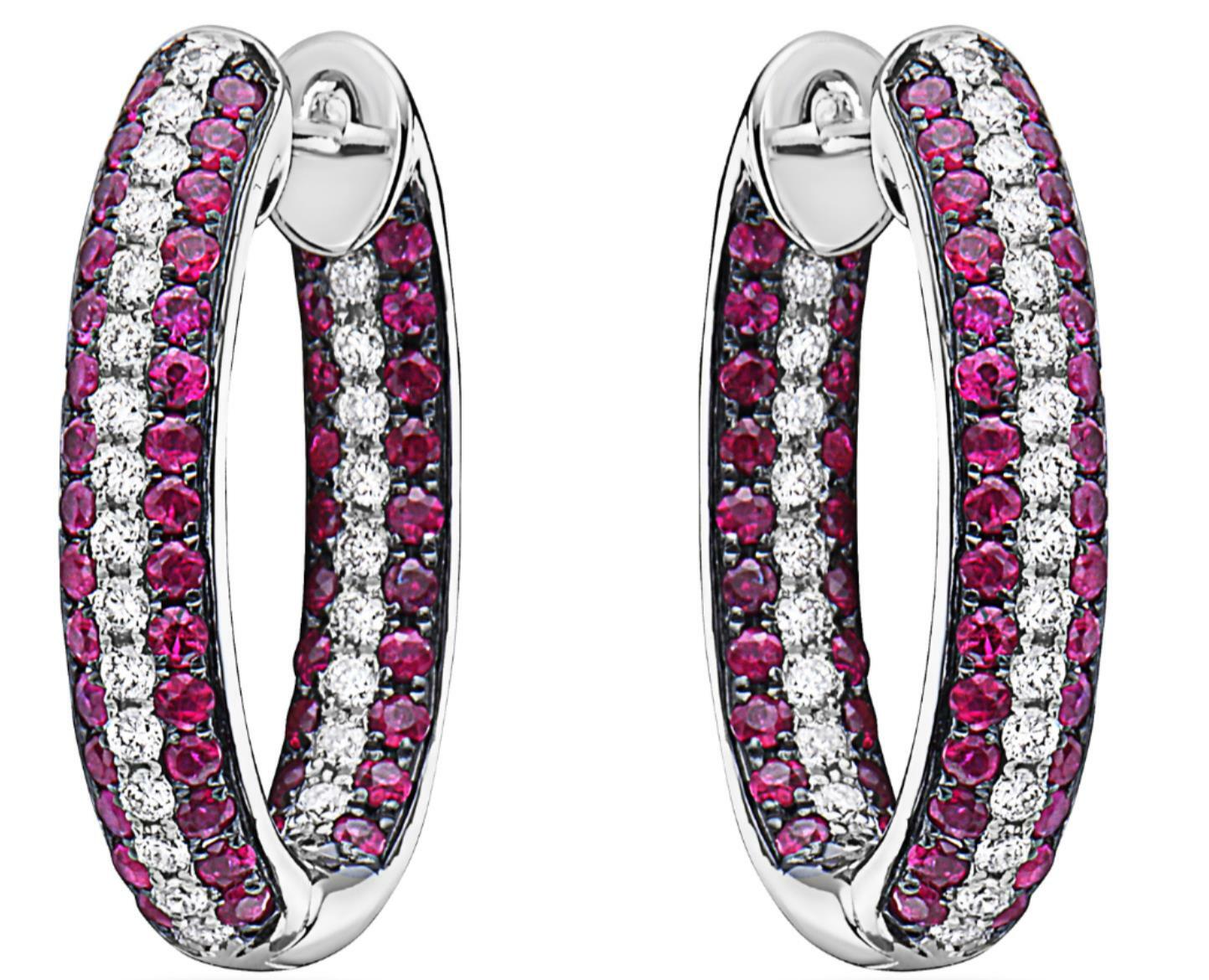 FILA ORECCHINI PENDENTI A CERCHIO 2 78 CT DIAMANTI E RUBINI AAA ORO BIANCO 18KT 3 FILE INTERNO ESTERNO