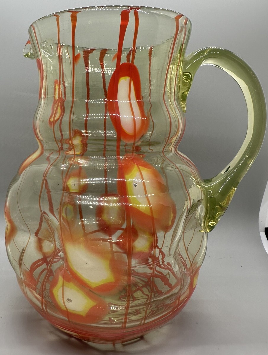 PASTIME FACTORY × 0/0 kozara　MILKGLASS Czechoslovakia Vaseline Iranium Glass Pitcher w/ Threading/Canes