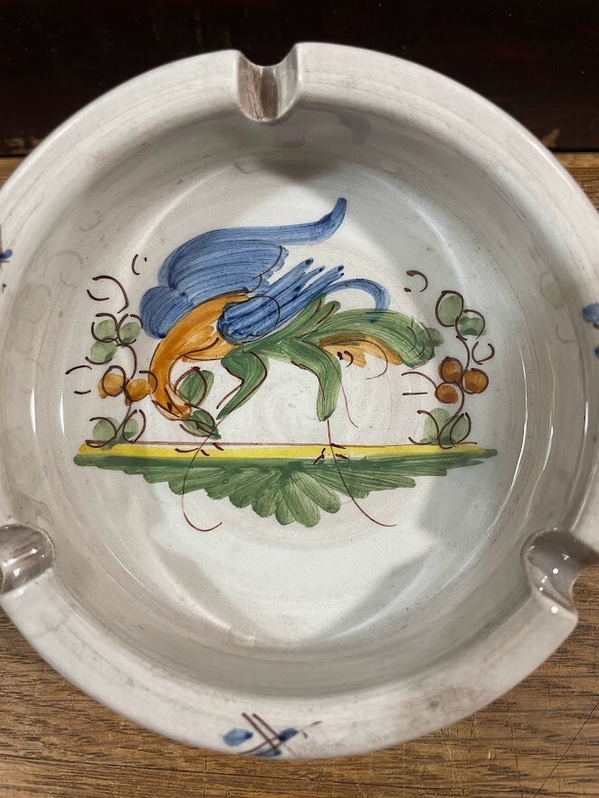 Ceramic 3 Slot Ashtray with Blue Orange Bird Flowers Signed CV