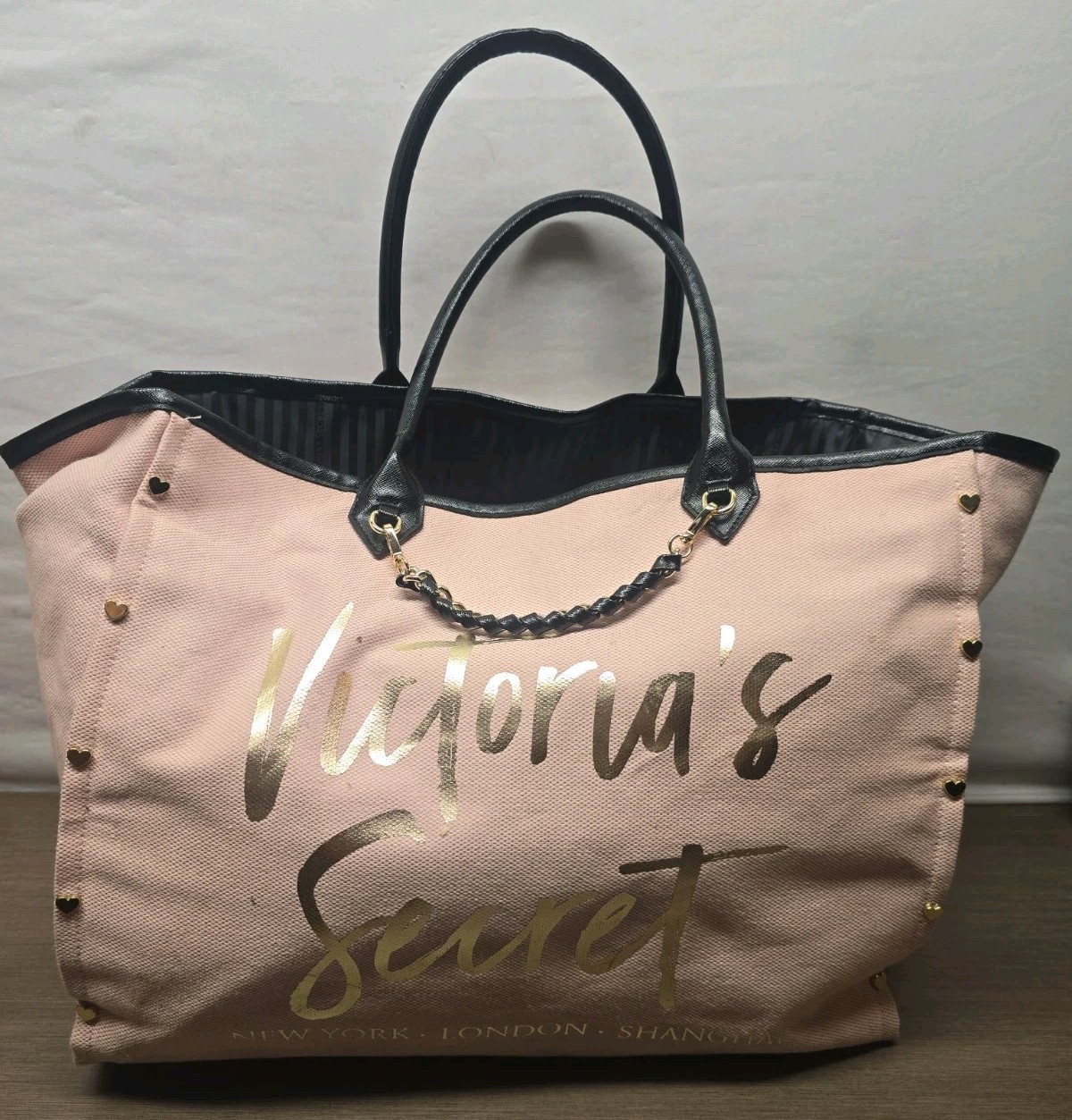 Victoria's Secret Pink Canvas Tote Bag Gold Script Logo Large Shoulder Handbag
