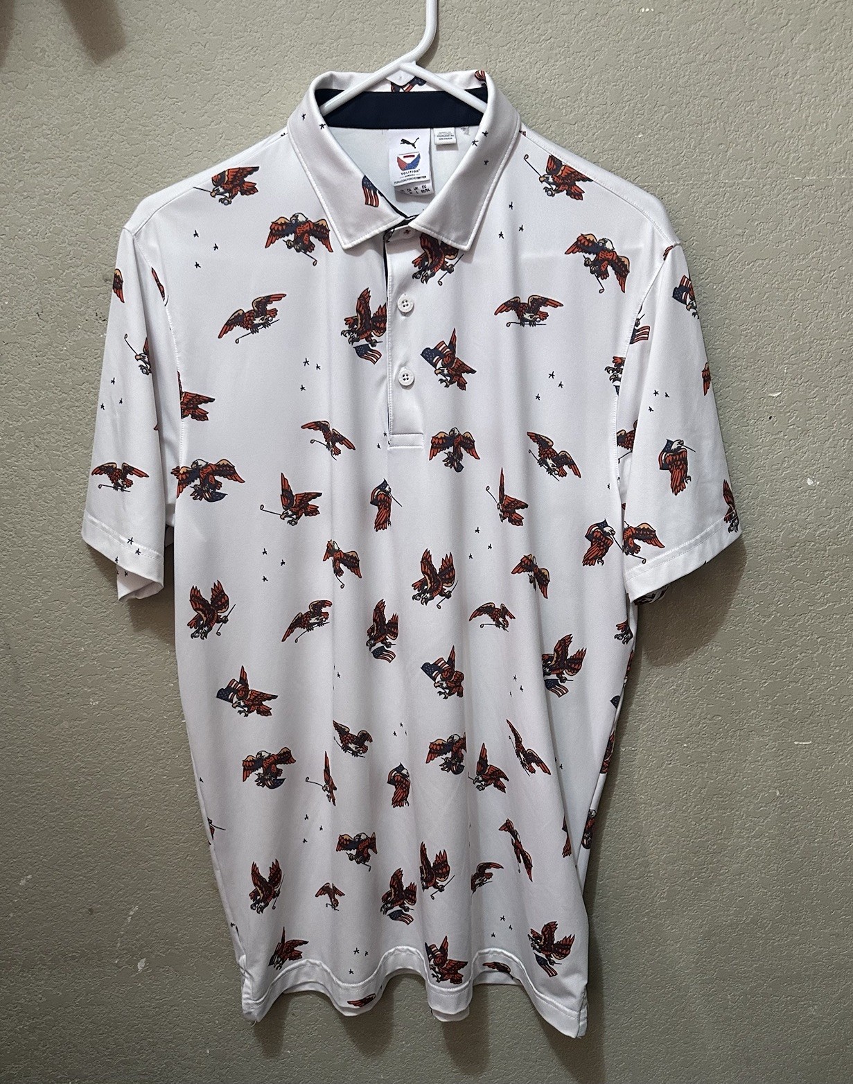 Puma Volition America Polo Shirt Mens Medium White Golf Eagle Flag