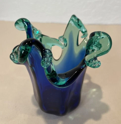 Vintage Murano Art Glass Wave Crystal Vase Blue Green 6in x 5.75in