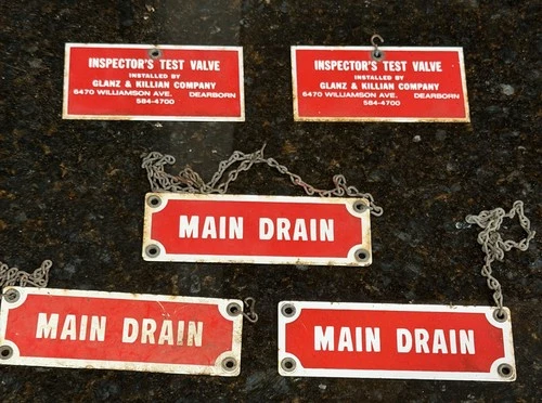 {5x} Vintage Main Drain & Inspectors Porcelain Enamel Red & White Plumbing Signs