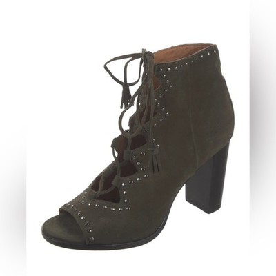 Frye Women Olive Green Suede Lace Up Peep Toe Booties Size 8M Studded Tassel