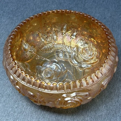 Vintage Marigold Carnival Glass Rose Bowl Iridescent Floral Dish Scalloped Rim